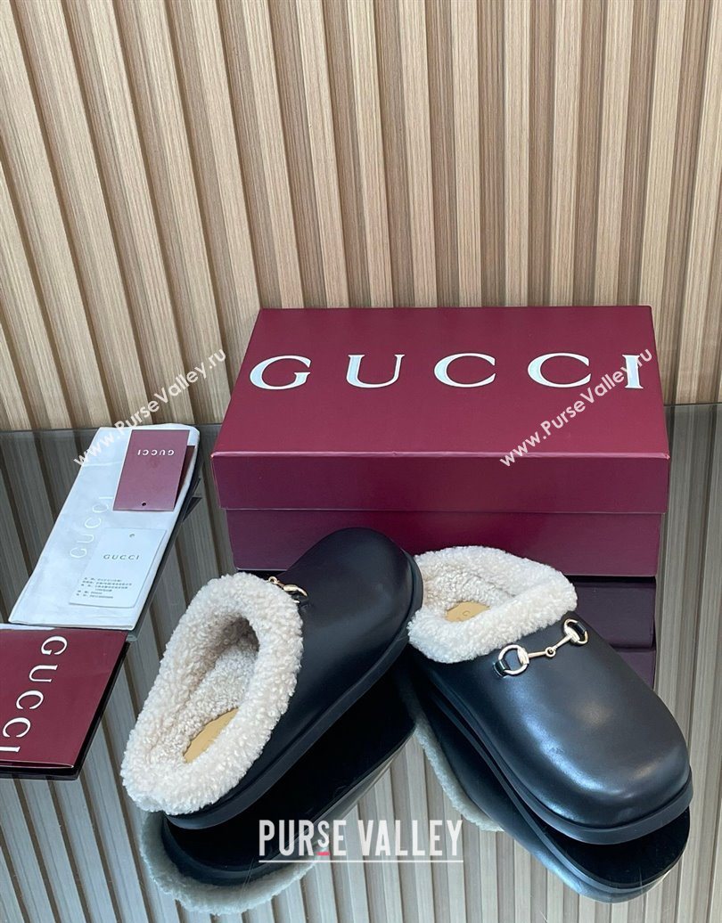Gucci Leather and Wool Flat Mules with Horsebit Black 2025 836057 (MD-251020002)
