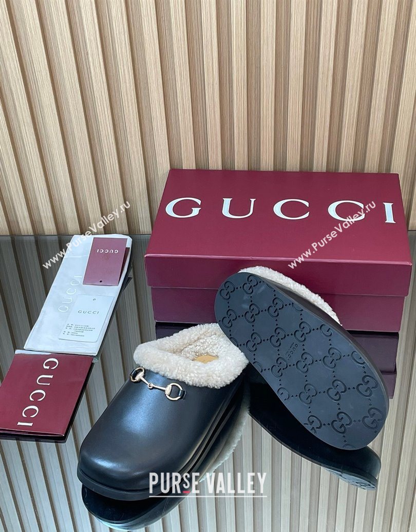 Gucci Leather and Wool Flat Mules with Horsebit Black 2025 836057 (MD-251020002)