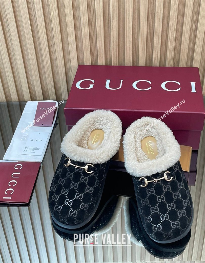 Gucci GG Suede and Wool Flat Mules with Horsebit Black 2025 836057 (MD-251020003)