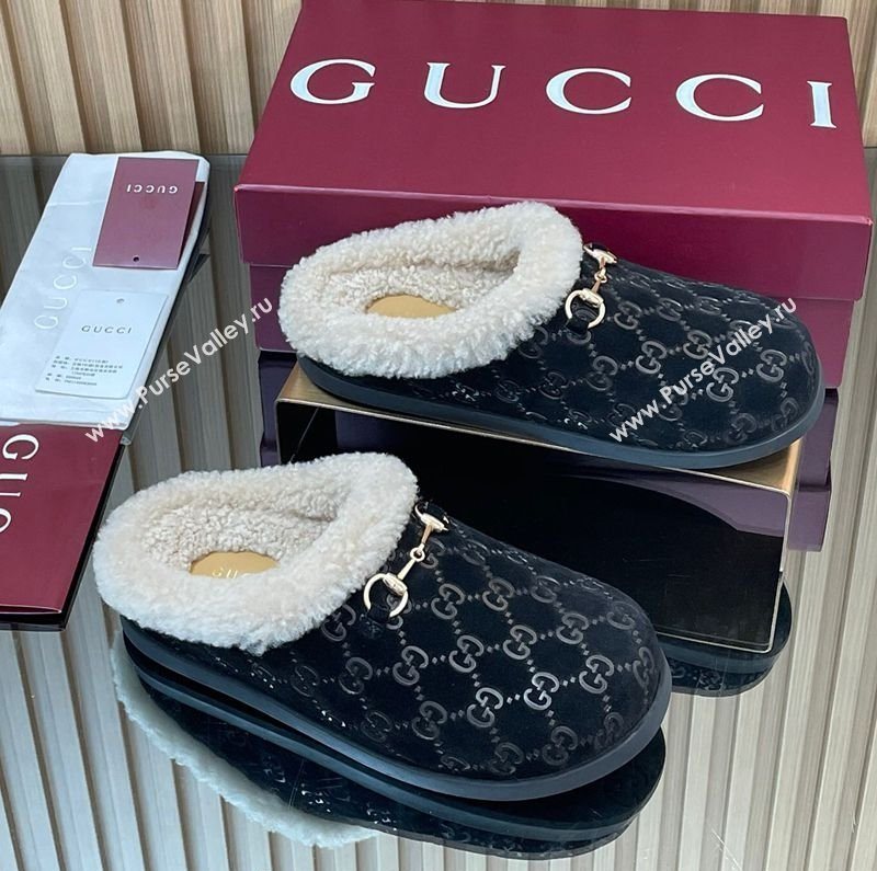 Gucci GG Suede and Wool Flat Mules with Horsebit Black 2025 836057 (MD-251020003)