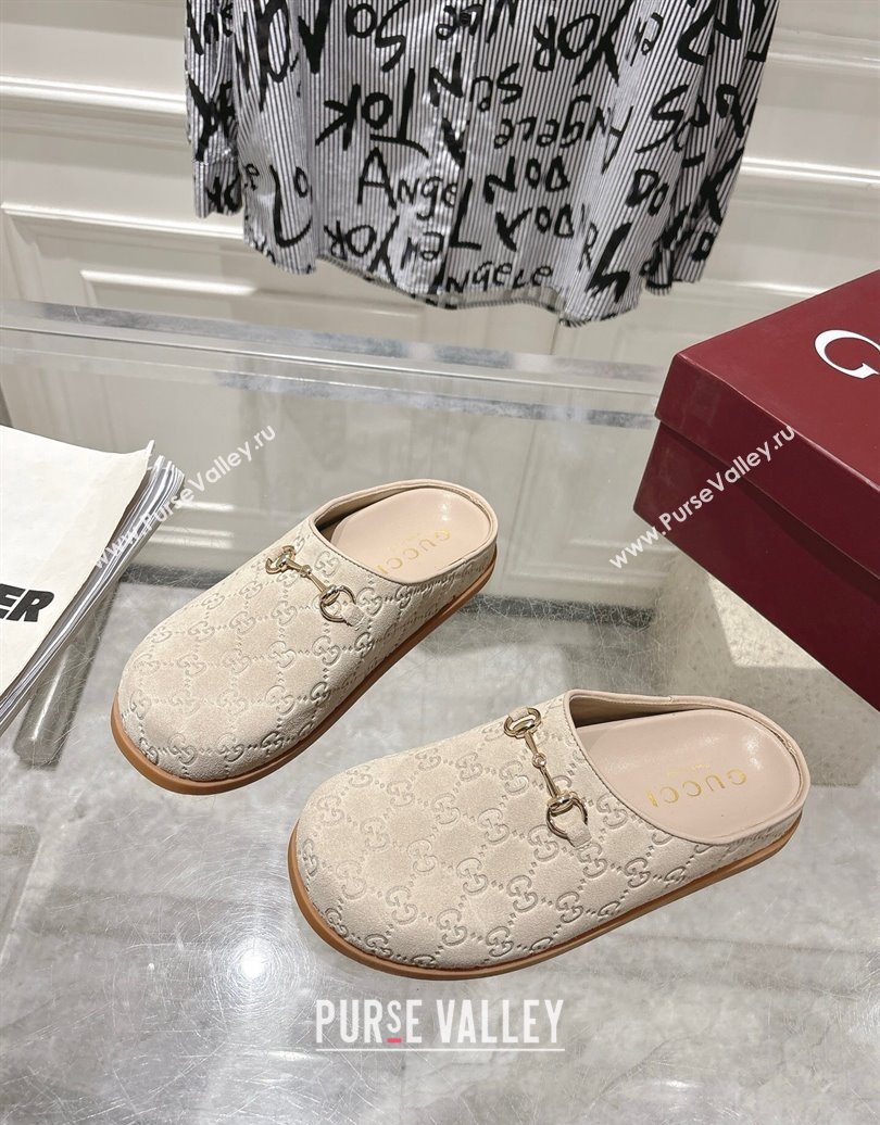 Gucci GG Suede Flat Mules with Horsebit Light Beige 20252 836057 (MD-251020013)