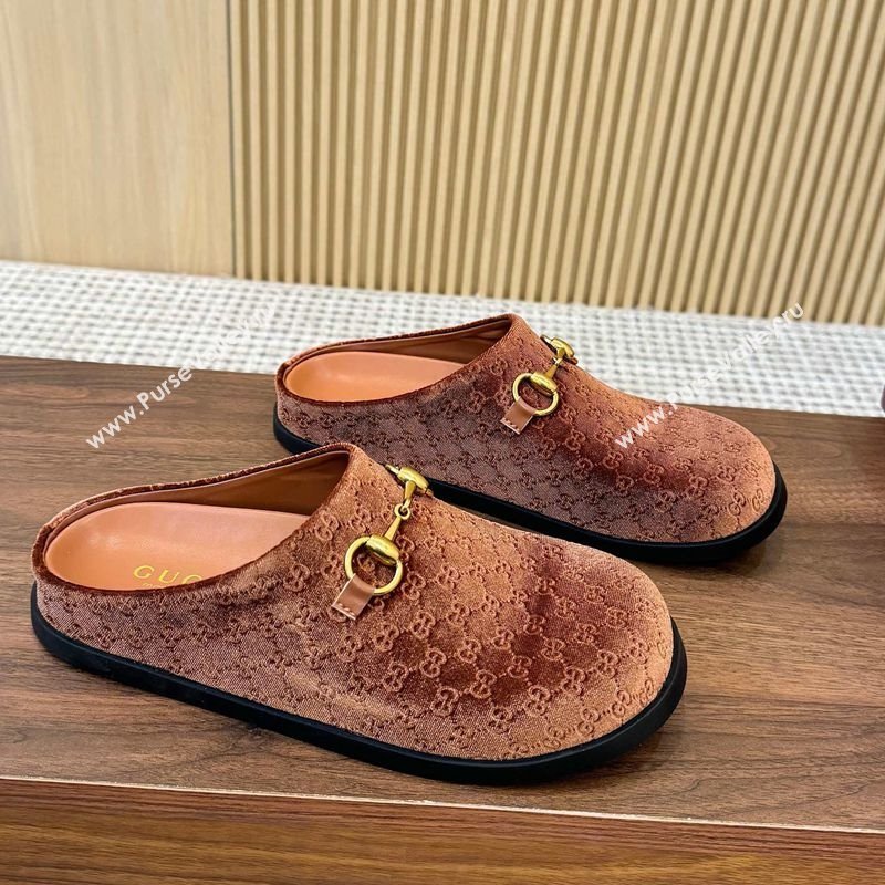 Gucci GG Velvet Flat Mules with Horsebit Golden Brown 2025 836057 (MD-251020024)