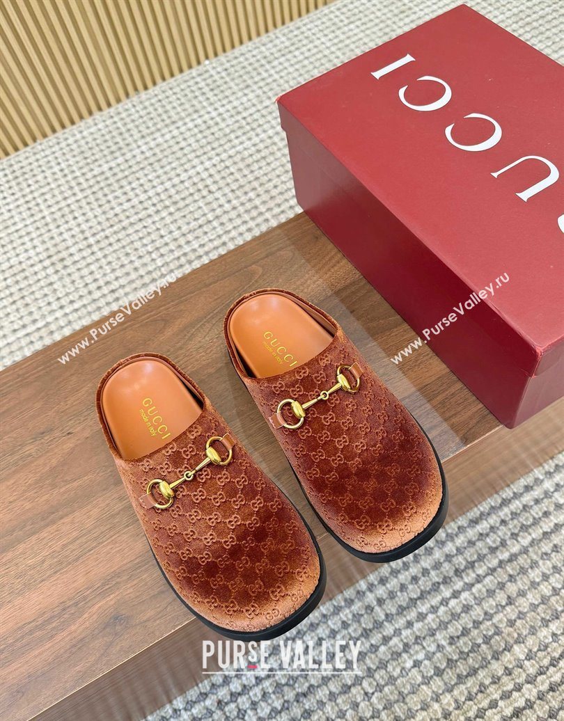 Gucci GG Velvet Flat Mules with Horsebit Golden Brown 2025 836057 (MD-251020024)