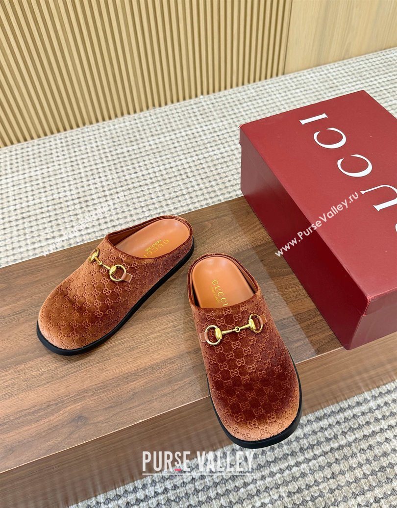 Gucci GG Velvet Flat Mules with Horsebit Golden Brown 2025 836057 (MD-251020024)