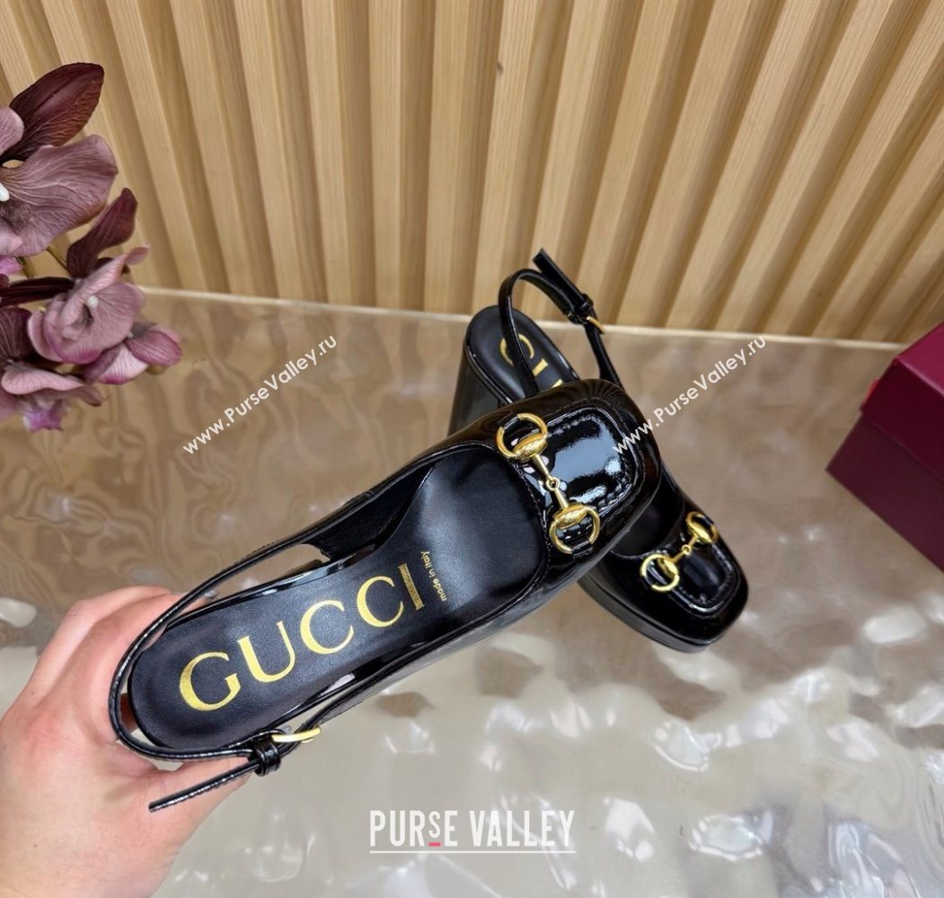 Gucci Patent Leather Platform Slingbacks Pump 11cm with Horsebit Black 20252 GG121803 (MD-251218090)