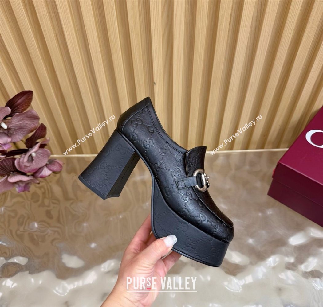 Gucci GG Leather Platform Pumps 9cm with Horsebit Black 20252 GG121804 (MD-251218096)