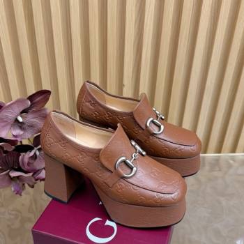 Gucci GG Leather Platform Pumps 9cm with Horsebit Brown 20252 GG121804 (MD-251218097)