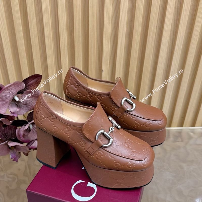 Gucci GG Leather Platform Pumps 9cm with Horsebit Brown 20252 GG121804 (MD-251218097)