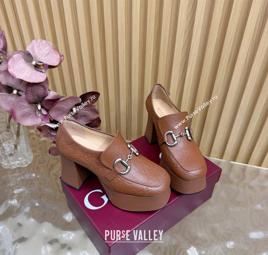 Gucci GG Leather Platform Pumps 9cm with Horsebit Brown 20252 GG121804 (MD-251218097)