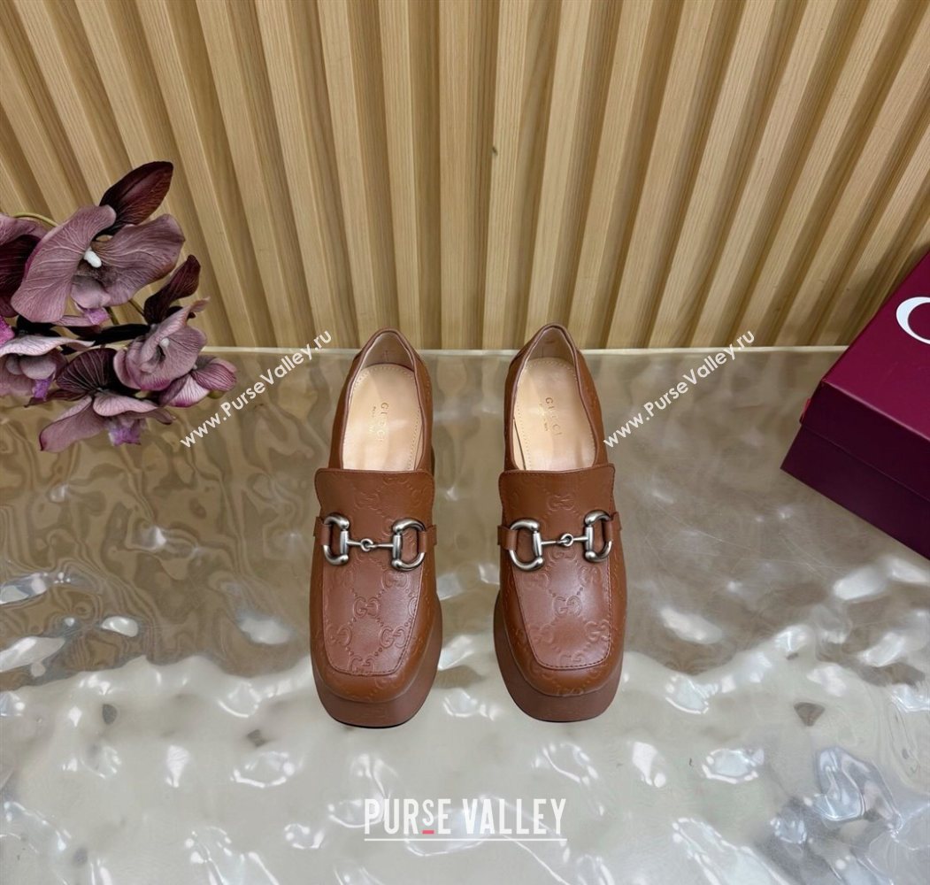 Gucci GG Leather Platform Pumps 9cm with Horsebit Brown 20252 GG121804 (MD-251218097)