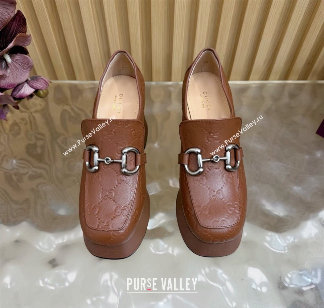 Gucci GG Leather Platform Pumps 9cm with Horsebit Brown 20252 GG121804 (MD-251218097)