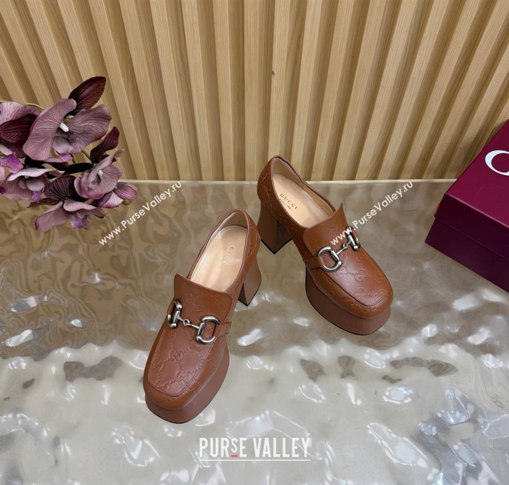 Gucci GG Leather Platform Pumps 9cm with Horsebit Brown 20252 GG121804 (MD-251218097)