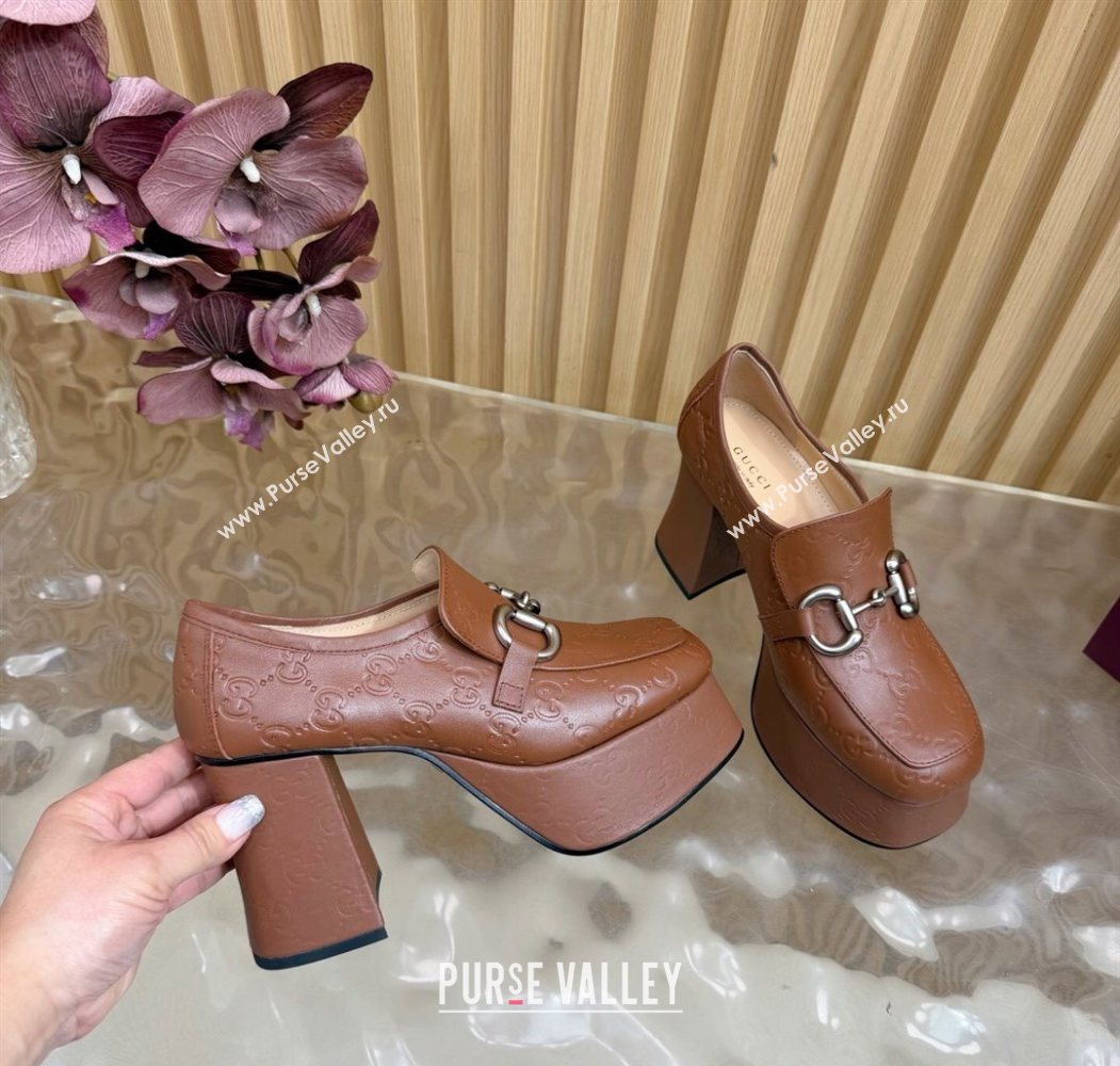 Gucci GG Leather Platform Pumps 9cm with Horsebit Brown 20252 GG121804 (MD-251218097)