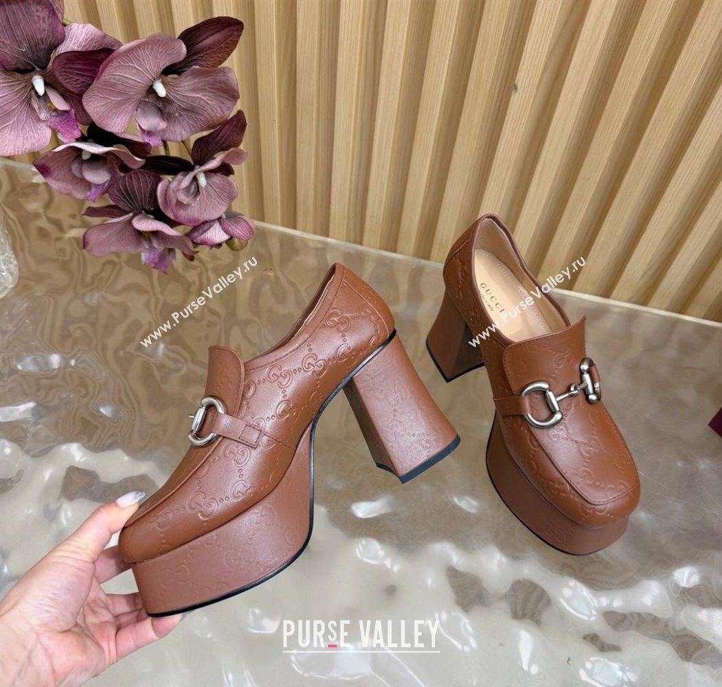 Gucci GG Leather Platform Pumps 9cm with Horsebit Brown 20252 GG121804 (MD-251218097)