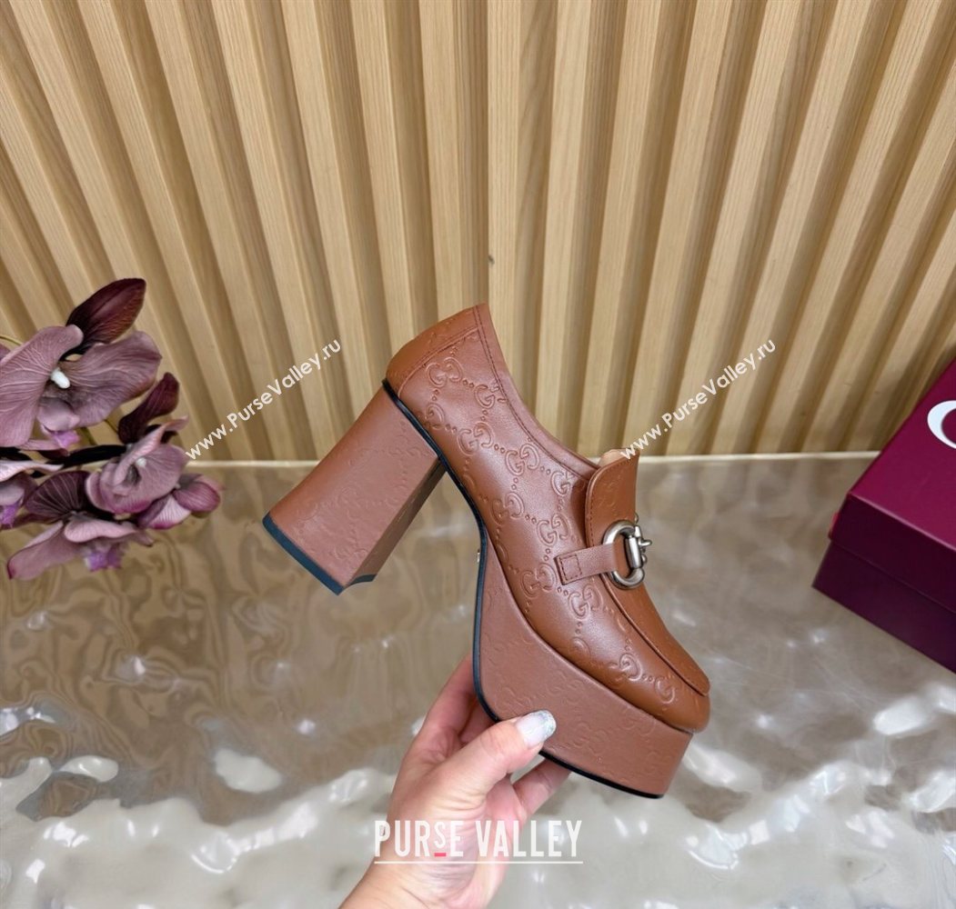 Gucci GG Leather Platform Pumps 9cm with Horsebit Brown 20252 GG121804 (MD-251218097)