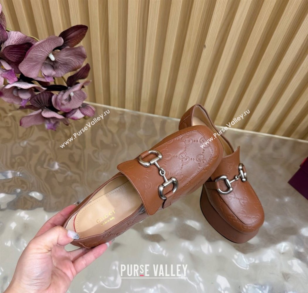Gucci GG Leather Platform Pumps 9cm with Horsebit Brown 20252 GG121804 (MD-251218097)
