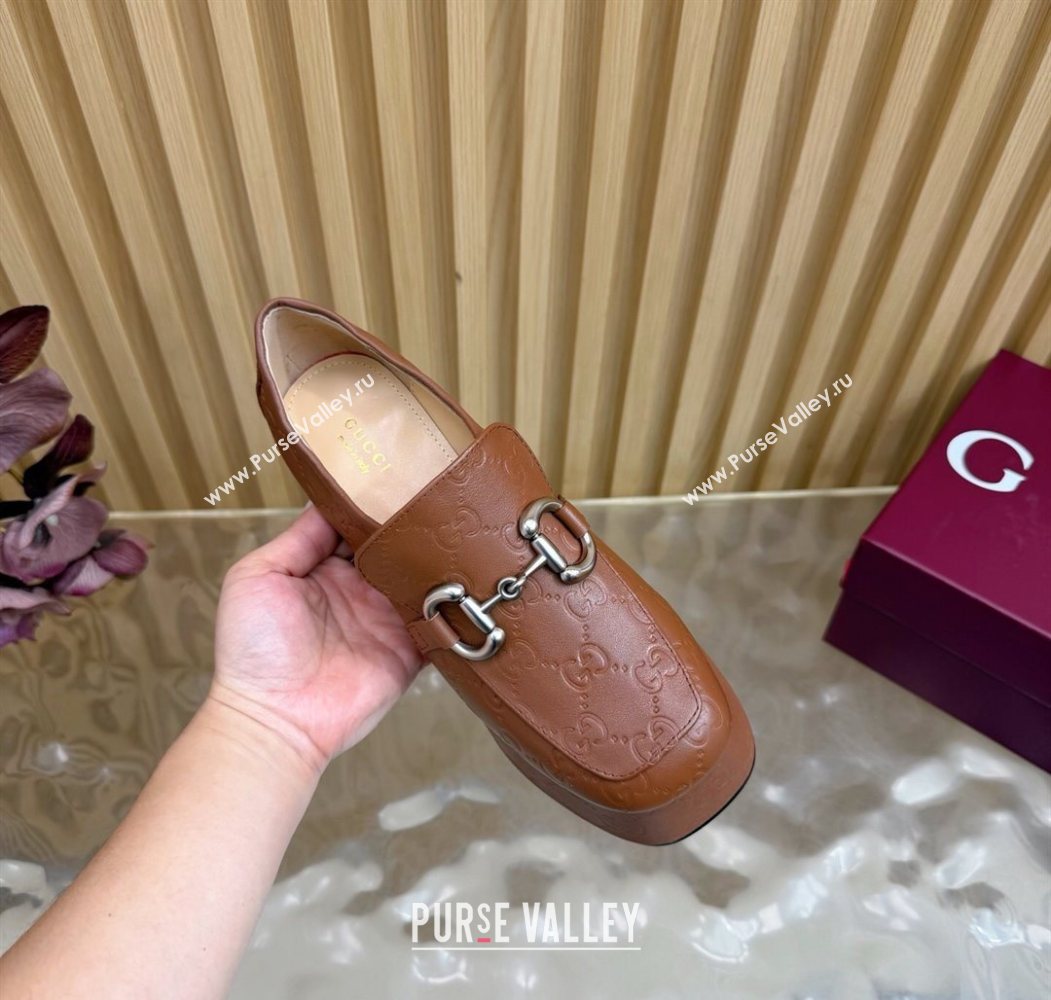 Gucci GG Leather Platform Pumps 9cm with Horsebit Brown 20252 GG121804 (MD-251218097)