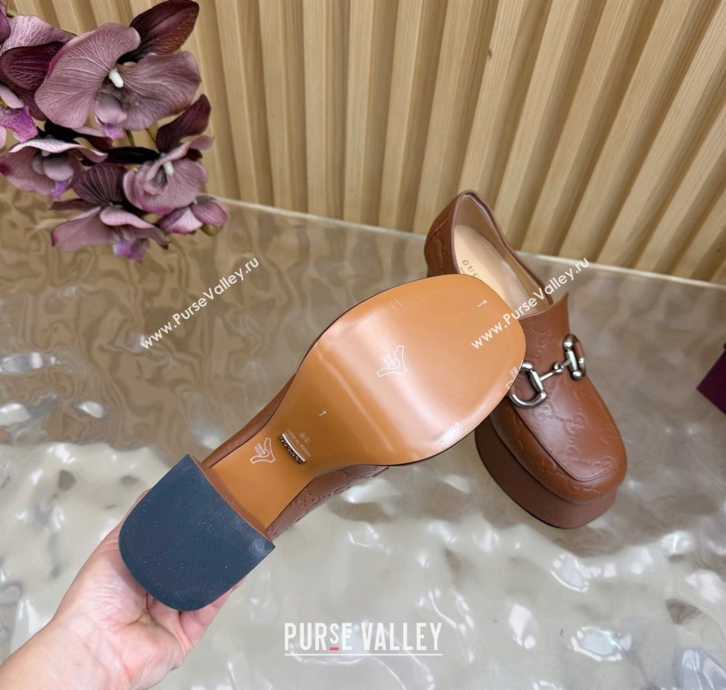 Gucci GG Leather Platform Pumps 9cm with Horsebit Brown 20252 GG121804 (MD-251218097)