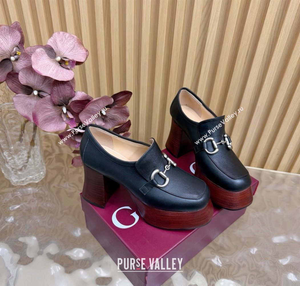 Gucci Calf Leather Platform Pumps 9cm with Horsebit Black 20252 GG121804 (MD-251218100)