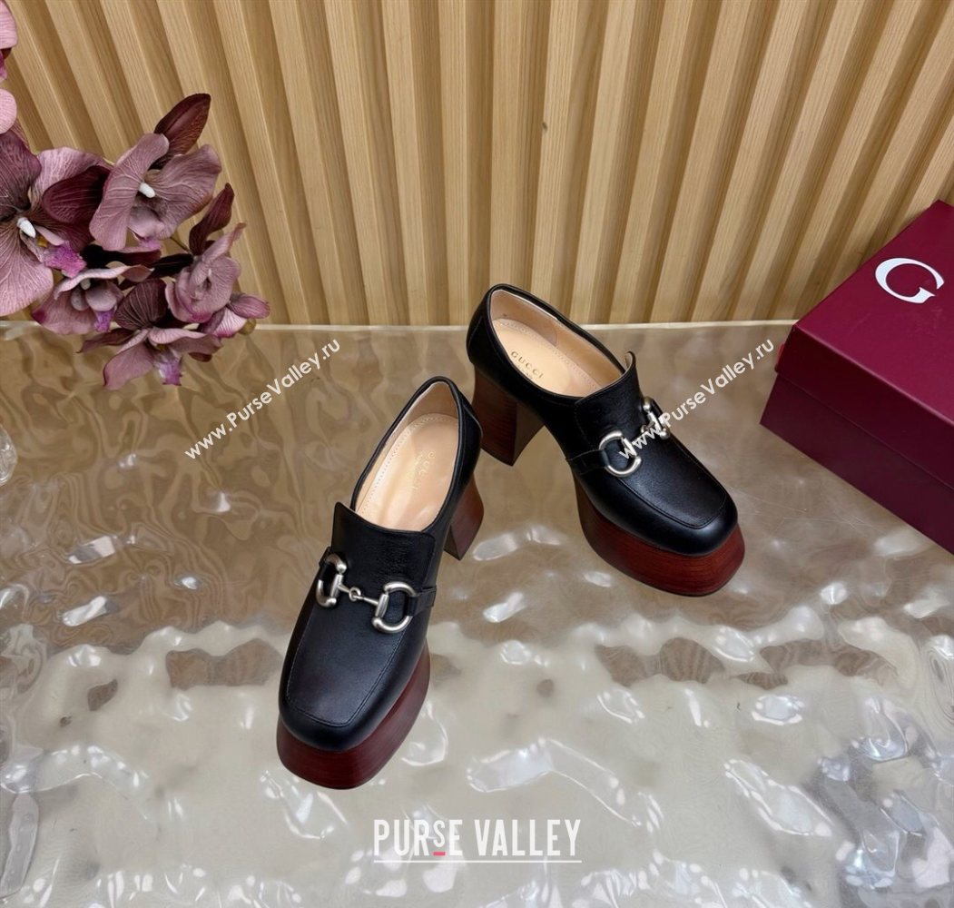 Gucci Calf Leather Platform Pumps 9cm with Horsebit Black 20252 GG121804 (MD-251218100)