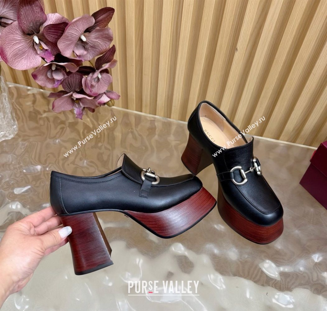 Gucci Calf Leather Platform Pumps 9cm with Horsebit Black 20252 GG121804 (MD-251218100)