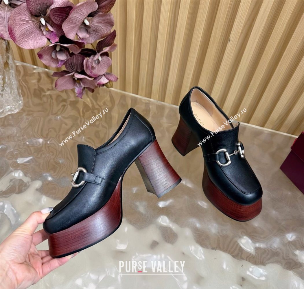 Gucci Calf Leather Platform Pumps 9cm with Horsebit Black 20252 GG121804 (MD-251218100)