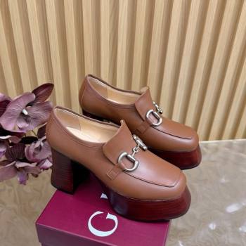 Gucci Calf Leather Platform Pumps 9cm with Horsebit Brown 20252 GG121804 (MD-251218101)
