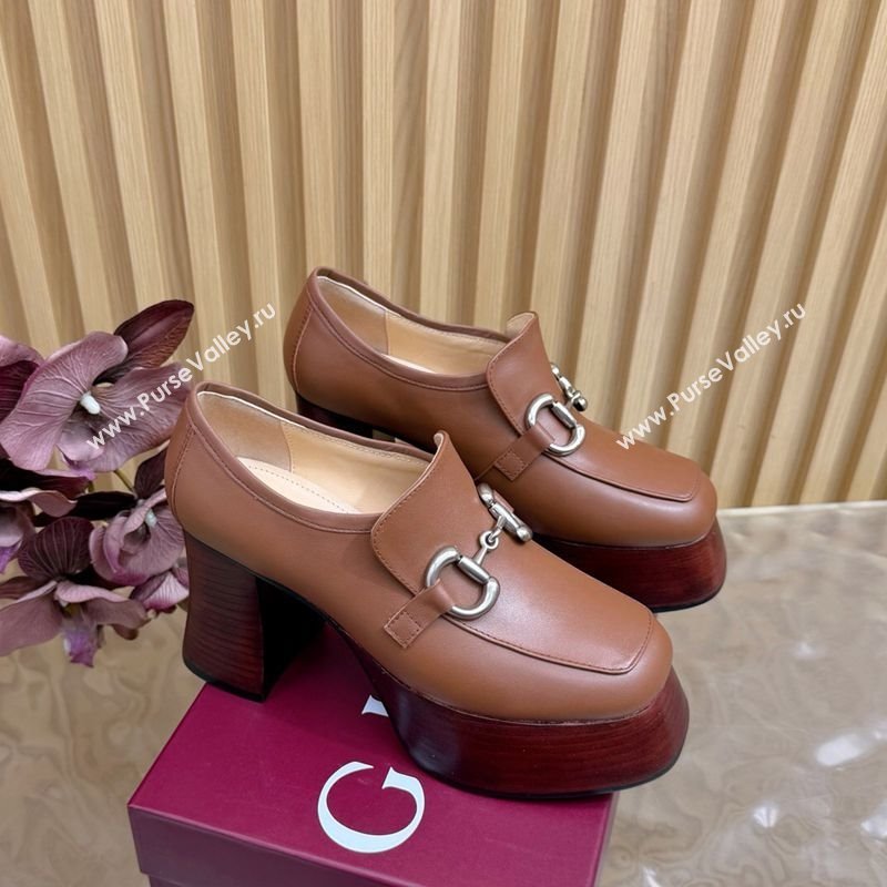 Gucci Calf Leather Platform Pumps 9cm with Horsebit Brown 20252 GG121804 (MD-251218101)