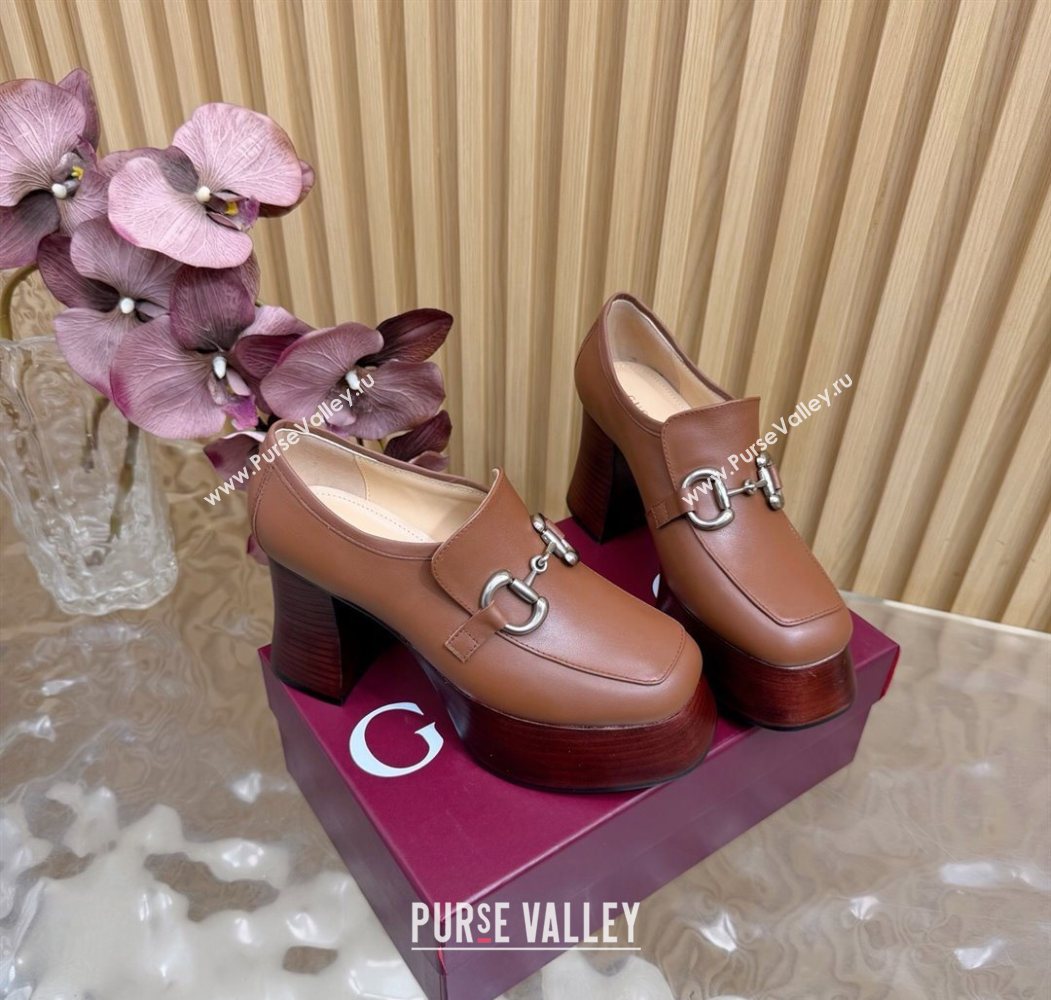 Gucci Calf Leather Platform Pumps 9cm with Horsebit Brown 20252 GG121804 (MD-251218101)