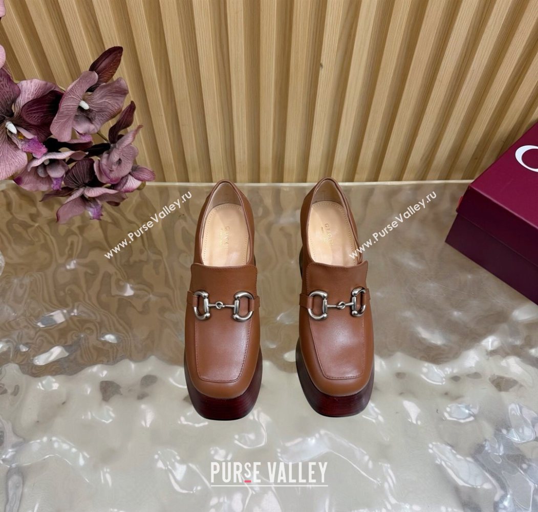 Gucci Calf Leather Platform Pumps 9cm with Horsebit Brown 20252 GG121804 (MD-251218101)