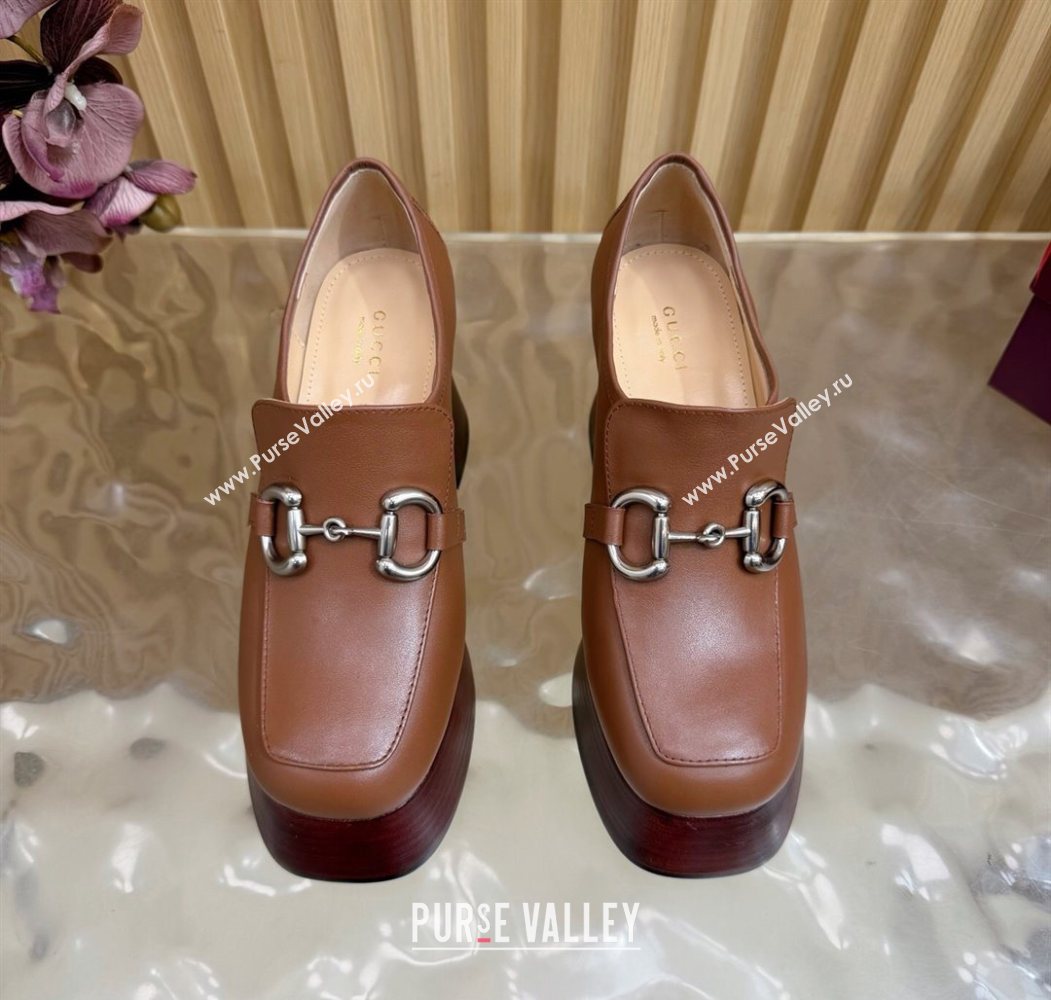Gucci Calf Leather Platform Pumps 9cm with Horsebit Brown 20252 GG121804 (MD-251218101)