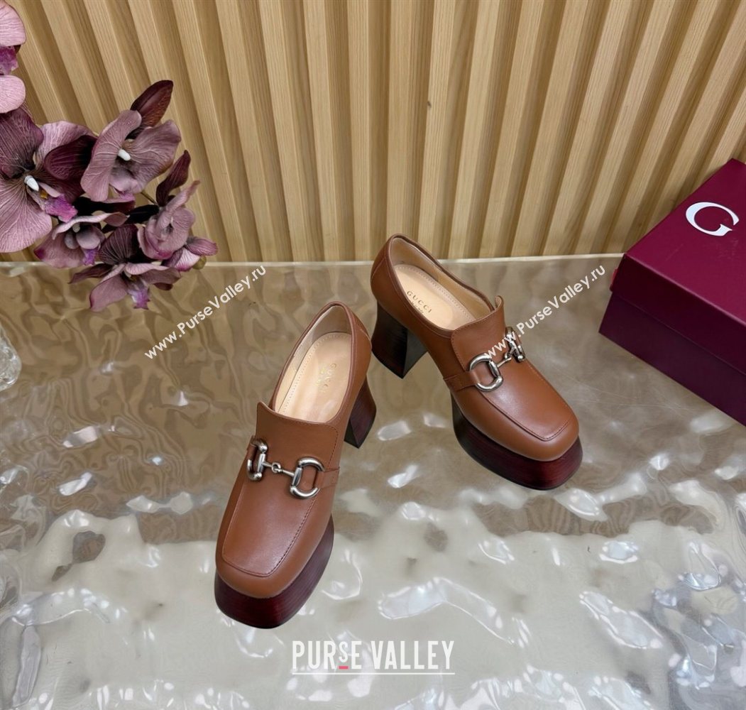 Gucci Calf Leather Platform Pumps 9cm with Horsebit Brown 20252 GG121804 (MD-251218101)