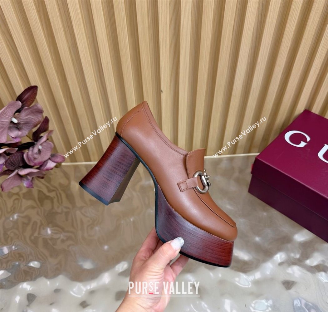 Gucci Calf Leather Platform Pumps 9cm with Horsebit Brown 20252 GG121804 (MD-251218101)