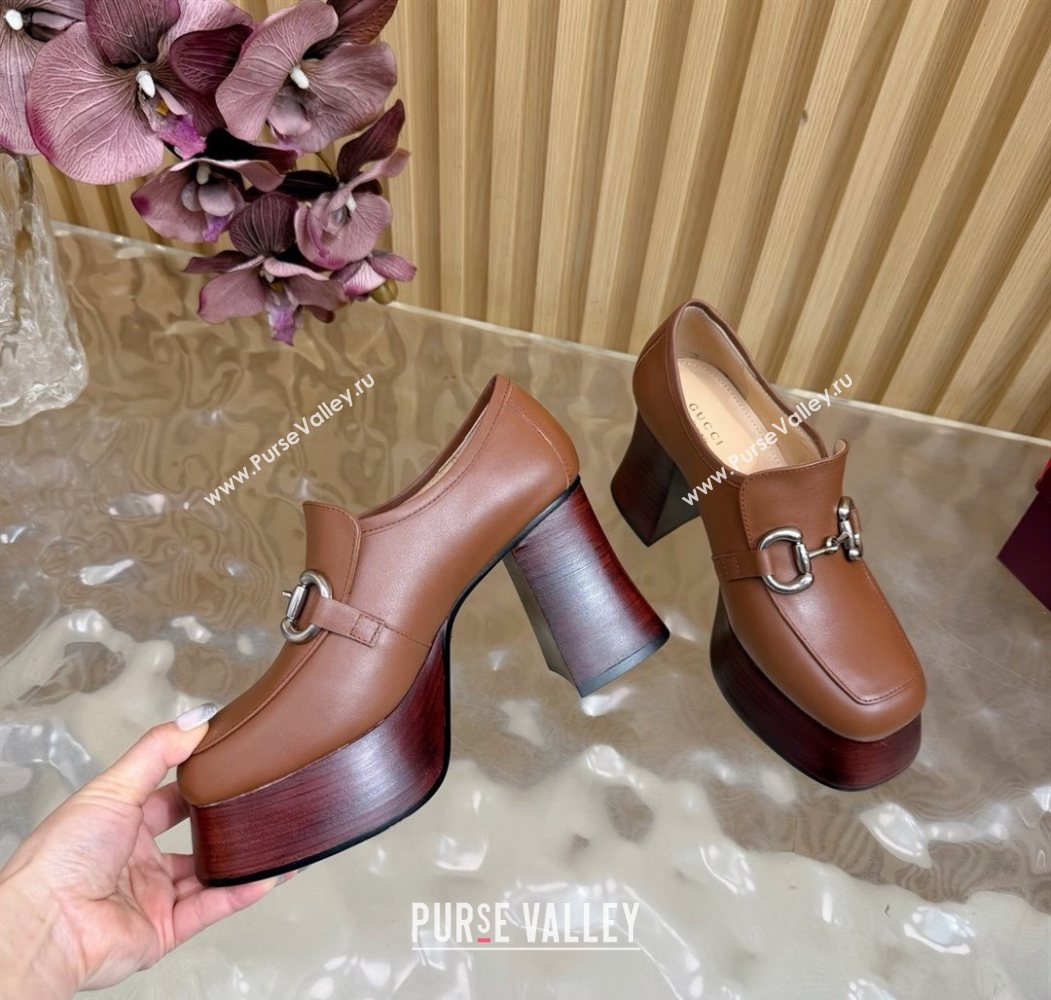 Gucci Calf Leather Platform Pumps 9cm with Horsebit Brown 20252 GG121804 (MD-251218101)