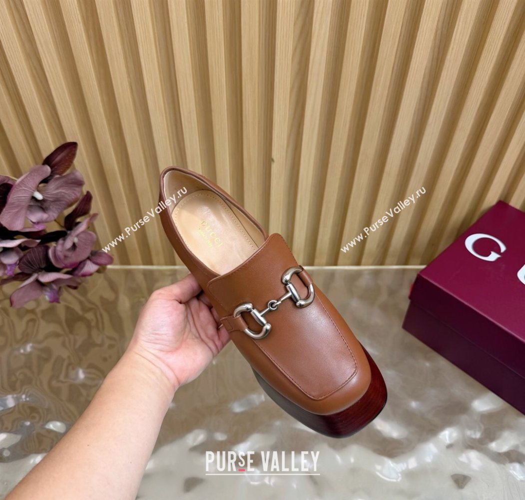 Gucci Calf Leather Platform Pumps 9cm with Horsebit Brown 20252 GG121804 (MD-251218101)
