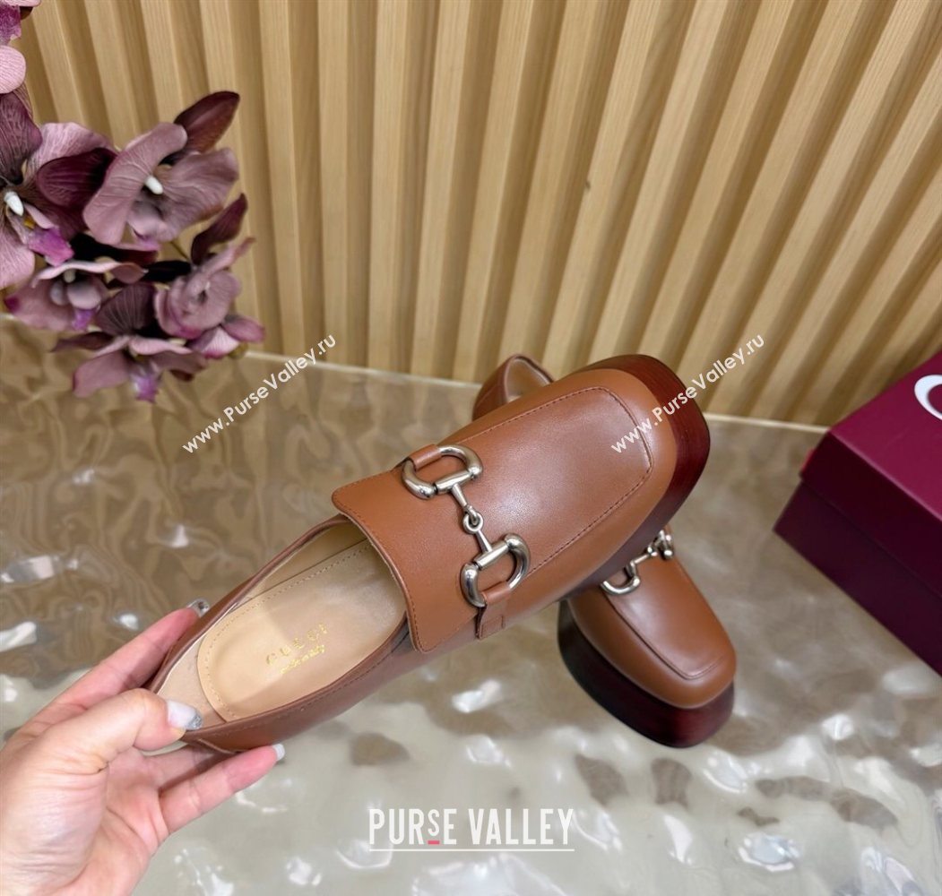 Gucci Calf Leather Platform Pumps 9cm with Horsebit Brown 20252 GG121804 (MD-251218101)