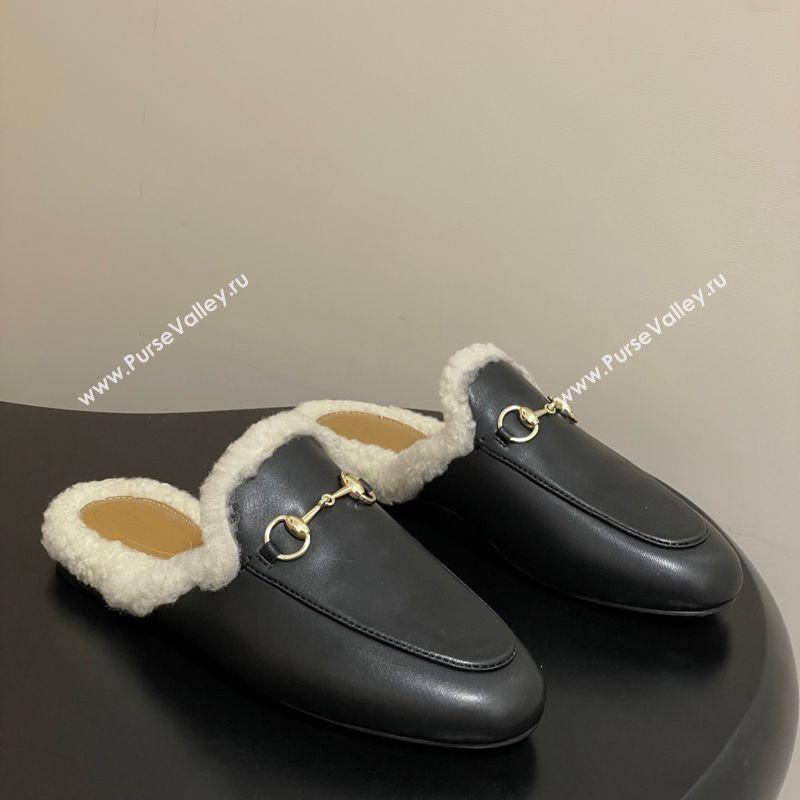 Gucci Princetown Calf Leather and Wool Flat Slipper with Horsebit Black 2025 836055 (MD-251218102)