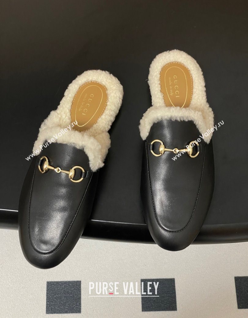 Gucci Princetown Calf Leather and Wool Flat Slipper with Horsebit Black 2025 836055 (MD-251218102)