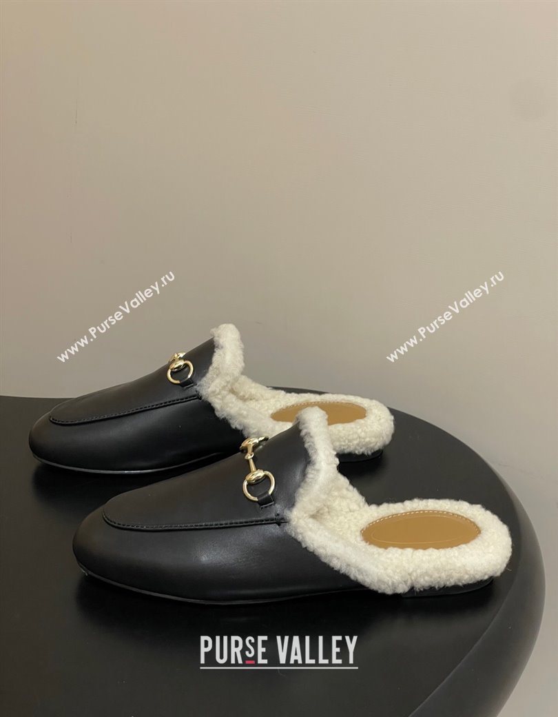 Gucci Princetown Calf Leather and Wool Flat Slipper with Horsebit Black 2025 836055 (MD-251218102)