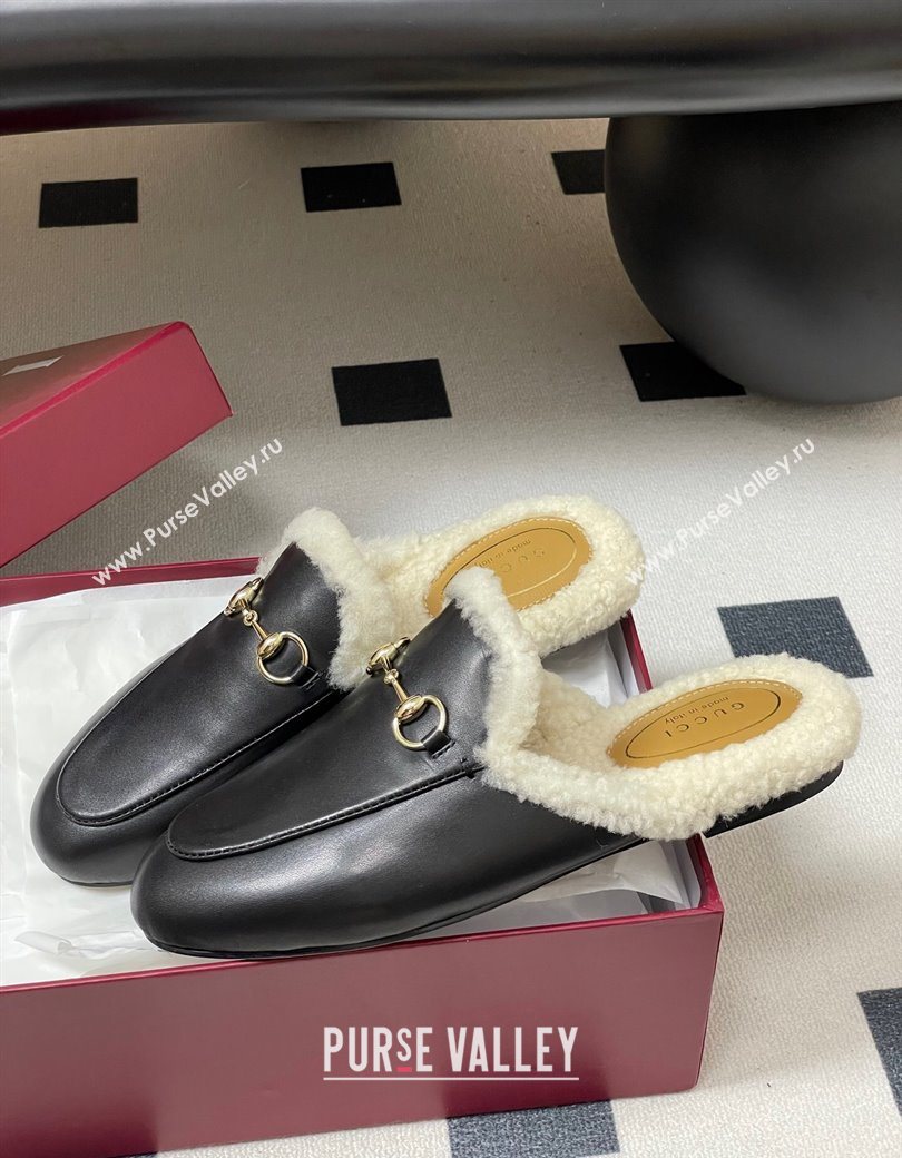 Gucci Princetown Calf Leather and Wool Flat Slipper with Horsebit Black 2025 836055 (MD-251218102)
