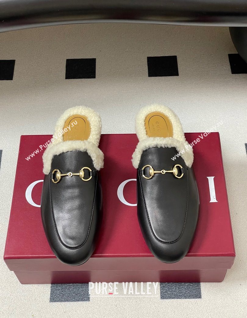 Gucci Princetown Calf Leather and Wool Flat Slipper with Horsebit Black 2025 836055 (MD-251218102)