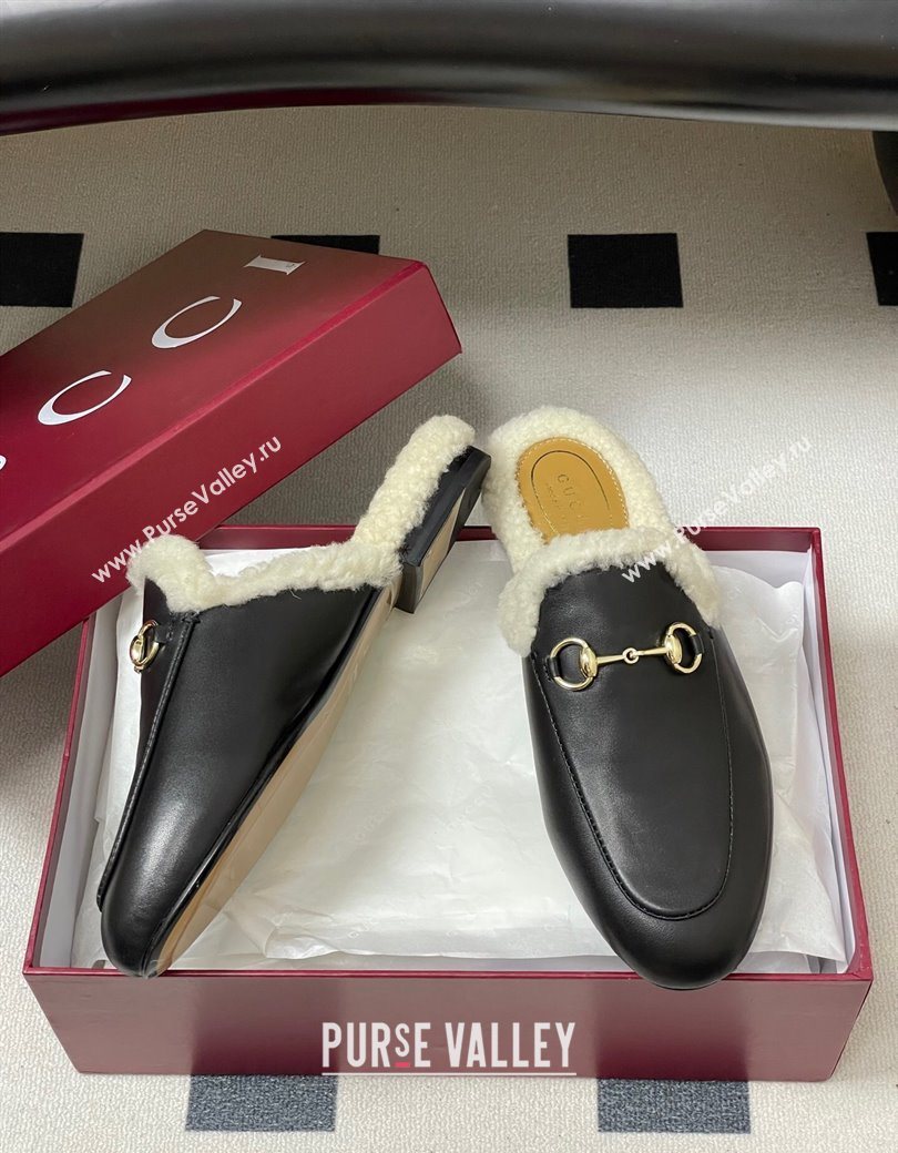 Gucci Princetown Calf Leather and Wool Flat Slipper with Horsebit Black 2025 836055 (MD-251218102)