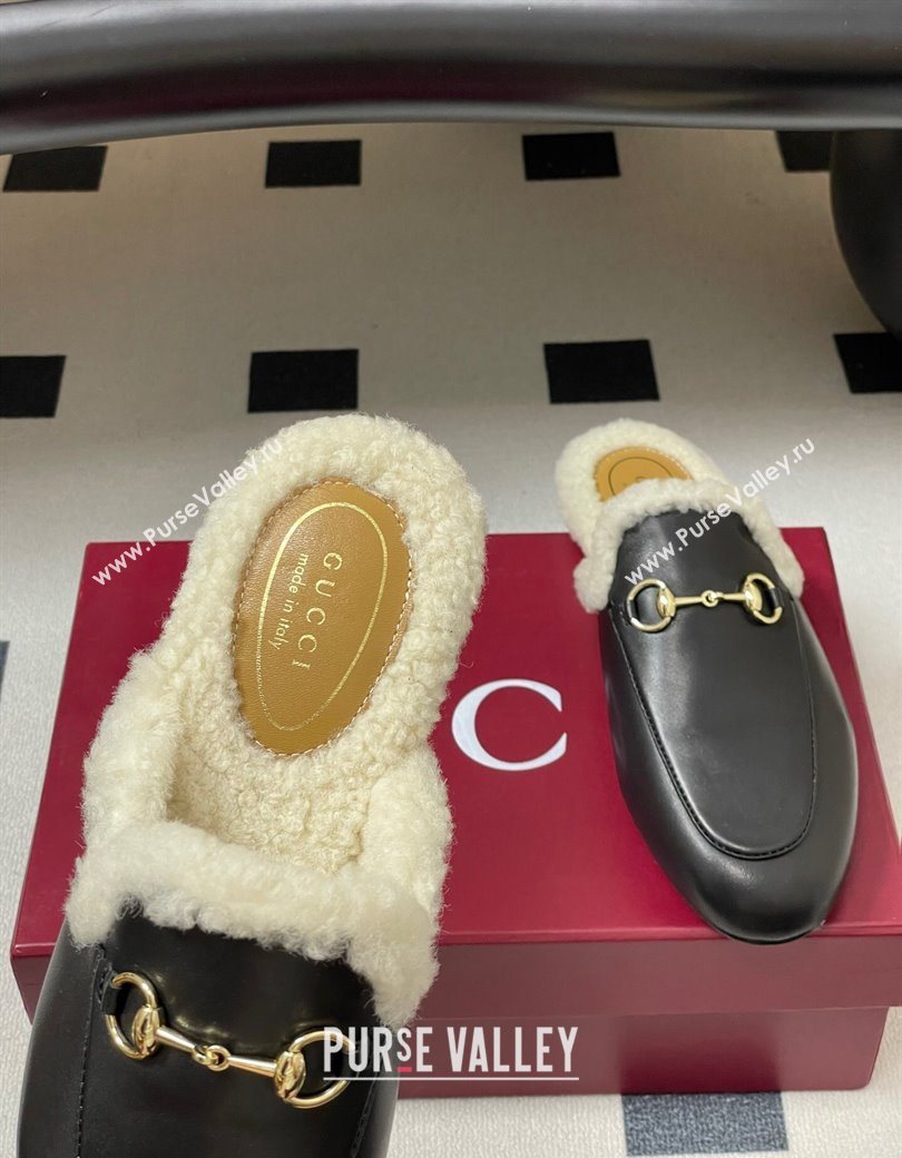 Gucci Princetown Calf Leather and Wool Flat Slipper with Horsebit Black 2025 836055 (MD-251218102)