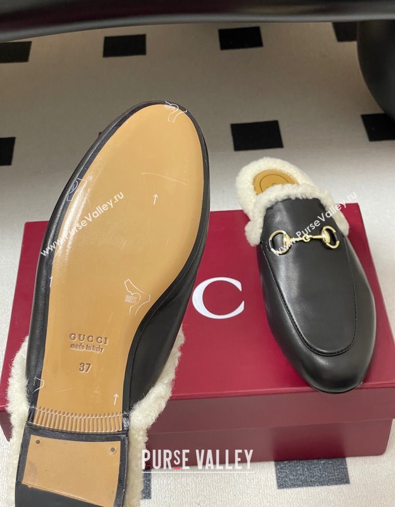 Gucci Princetown Calf Leather and Wool Flat Slipper with Horsebit Black 2025 836055 (MD-251218102)