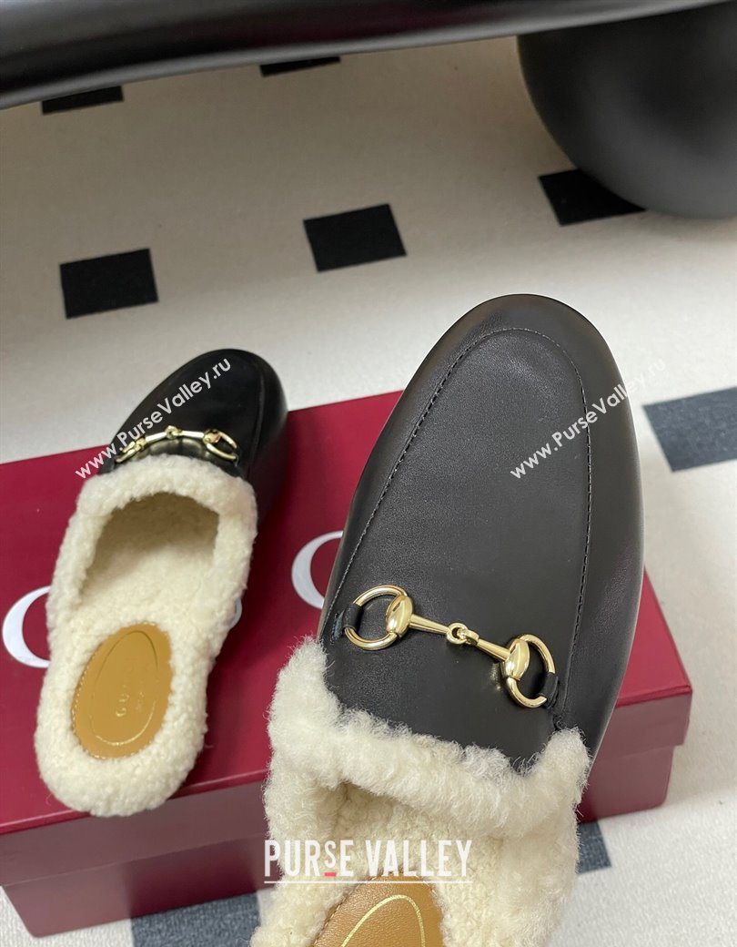 Gucci Princetown Calf Leather and Wool Flat Slipper with Horsebit Black 2025 836055 (MD-251218102)