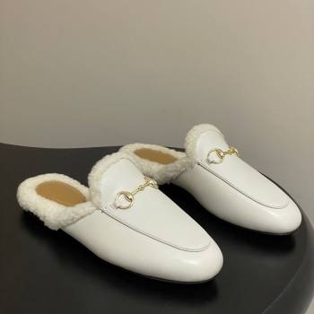 Gucci Princetown Calf Leather and Wool Flat Slipper with Horsebit White 2025 836055 (MD-251218103)