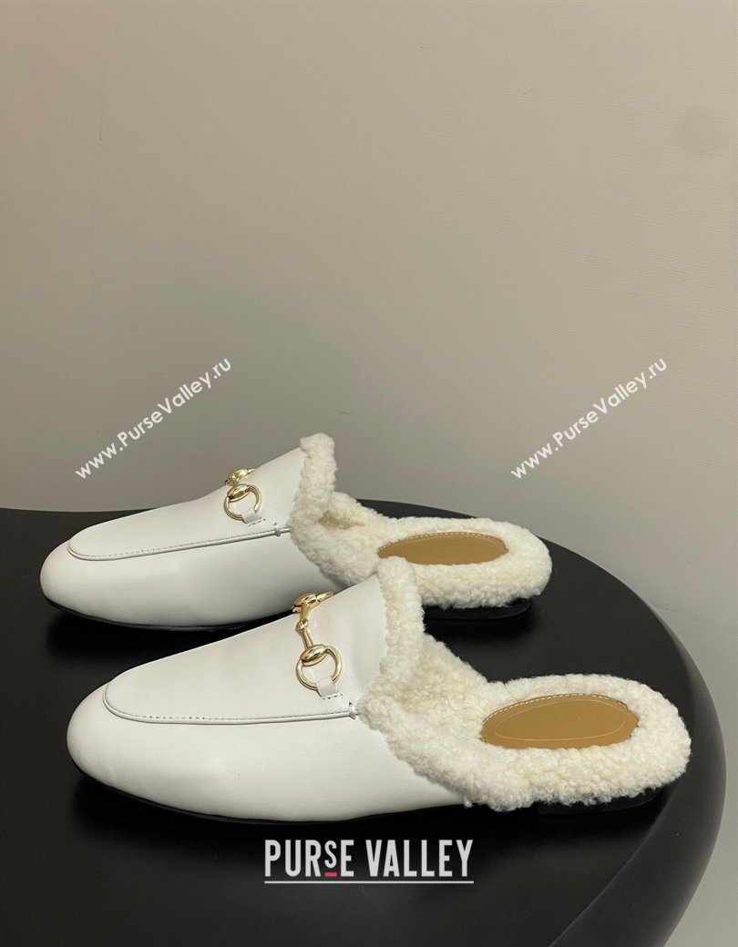 Gucci Princetown Calf Leather and Wool Flat Slipper with Horsebit White 2025 836055 (MD-251218103)