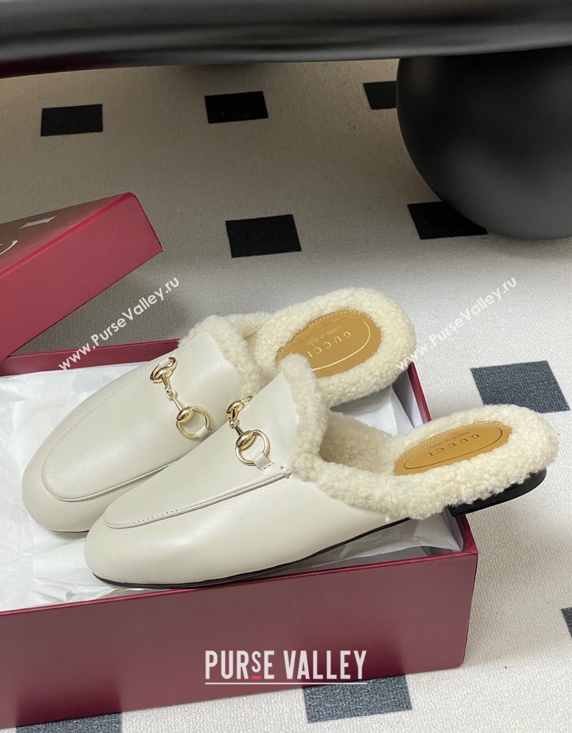 Gucci Princetown Calf Leather and Wool Flat Slipper with Horsebit White 2025 836055 (MD-251218103)