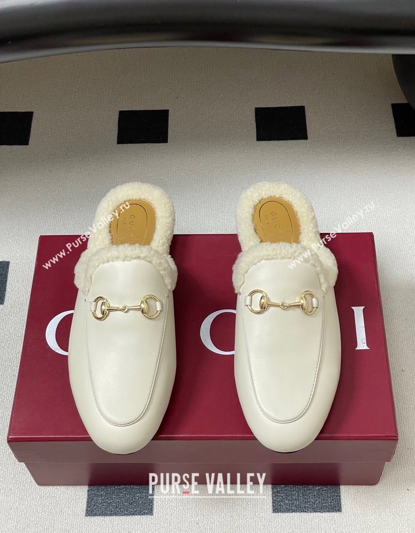 Gucci Princetown Calf Leather and Wool Flat Slipper with Horsebit White 2025 836055 (MD-251218103)