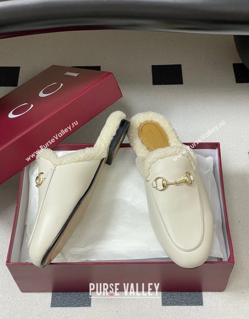 Gucci Princetown Calf Leather and Wool Flat Slipper with Horsebit White 2025 836055 (MD-251218103)